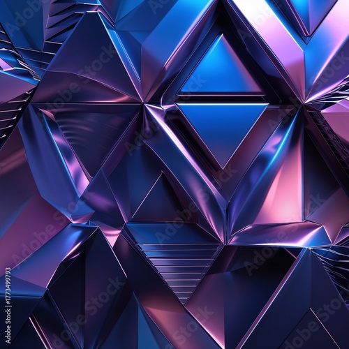 Geometric Abstract: Dynamic Purple and Blue Metal Facets: This striking 3D render features a dense arrangement of sharp, angular geometric shapes in deep metallic purples and blues, with glowing neon 
