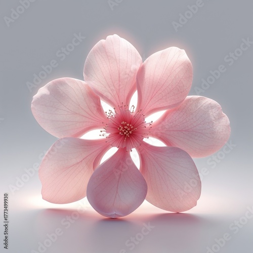 Ethereal Backlit Pink Blossom: A Minimalist Floral Study: This delicate, high-key studio shot focuses on a single, soft pink flower with five petals, dramatically backlit to glow, highlighting its tra