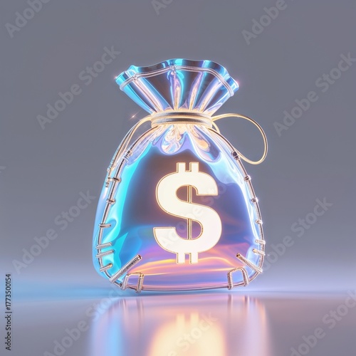 Holographic Money Bag: Glowing Icon of Digital Wealth: This vibrant 3D render features a stylized money bag with a glowing dollar sign and an iridescent, translucent surface in blue and orange hues, s