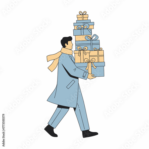 Man carrying a tall stack of gift boxes.