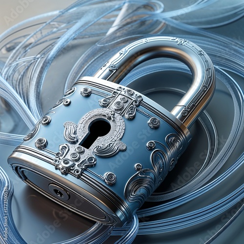 Title (43 words):
A beautifully crafted metallic padlock with intricate details gleams under soft light, symbolizing strength, protection, and mystery. Surrounded by delicate transparent cables, it re