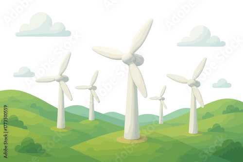 Wind turbines on rolling green hills under a bright sky, clean energy illustration in soft, minimal style.