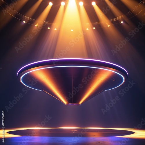 Title (41 words):
A mesmerizing futuristic UFO illuminated by radiant beams of orange and blue light, hovering mysteriously in a darkened space. The glowing energy and perfect symmetry evoke a sense o