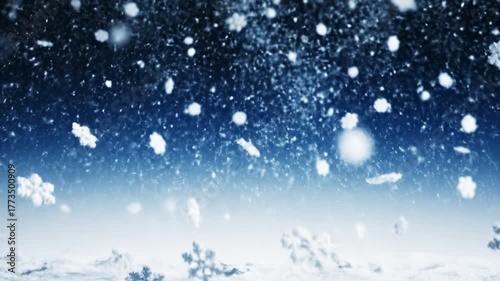 Serene winter landscape showcases delicate snowflakes gently falling against soft blue background, capturing beauty of snowfall and evoking feelings of tranquility in natures cold weather