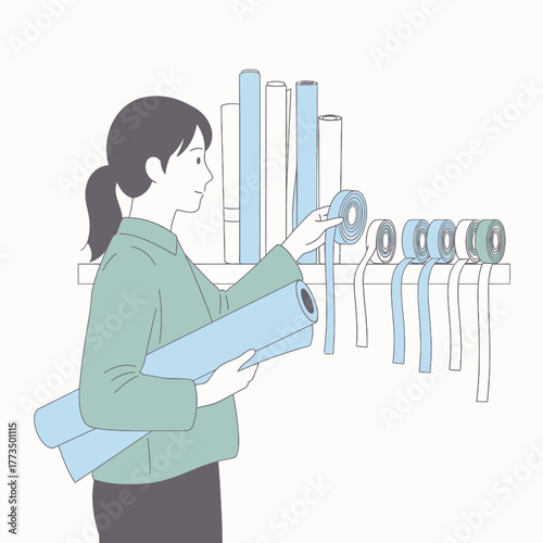 Woman selecting ribbon rolls from shelf in a craft store.