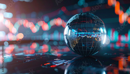 Global Market Dynamics: A mesmerizing view of the world encapsulated in a globe, set against a backdrop of dynamic stock charts, reflecting the ever-changing tides of the global market.