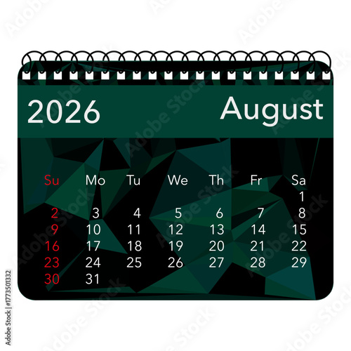 Calendar mock up for August 2026 with geometric design and spiral binding