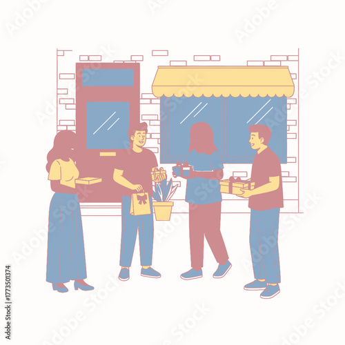 People exchanging goods and services in a vibrant marketplace setting.