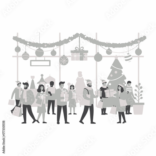 Grayscale illustration of diverse people celebrating the Christmas holiday season.