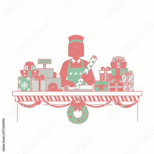 Festive retail worker wrapping Christmas presents at a gift station.