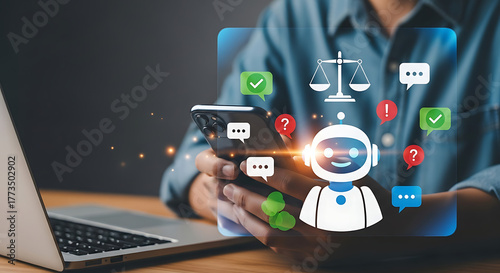 Man using smartphone with chatbot assistant for legal advice service