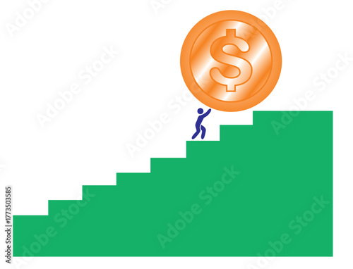 Vector illustration of a person lifting a gold dollar coin up a ladder. The concept of working hard to increase income and reach the pinnacle of success. The concept of investment and success.