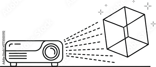 Minimal line art illustration of 3D projection with projector and holographic cube on white background