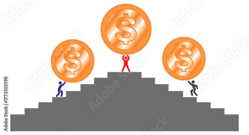 Vector illustration of a group of people lifting gold dollar coins up a ladder. The concept of hard work and teamwork to increase income and achieve goals at the pinnacle of success. The concept of in