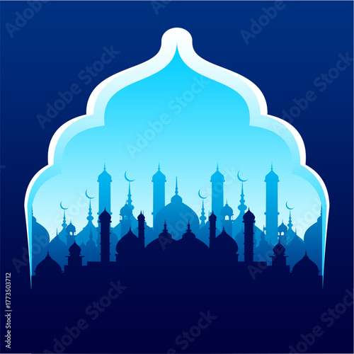 Blue Islamic mosque silhouette background with domes and minarets, Ramadan Kareem night sky design, Muslim architecture vector art, Islamic city skyline, Eid Mubarak greeting, religion and prayer them