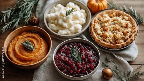 Wallpaper Mural Thanksgiving feast with mashed potatoes, cranberry sauce, pumpkin pie, and sweet potato casserole Torontodigital.ca