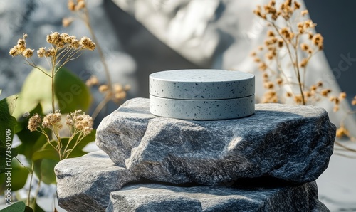 Modern skin moisturizer jar with a rock texture, emphasizing eco-friendly or recycled products. This clean design promotes sustainable skincare solutions, ideal for beauty and wellness, Generative AI
