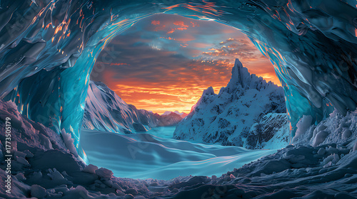 View from inside blue ice cave to snow mountains and orange sunset sky over glacier arctic antarctic