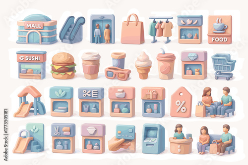 3D Shopping Mall and Retail Icons – Stores, Food Court, and Customer Experience