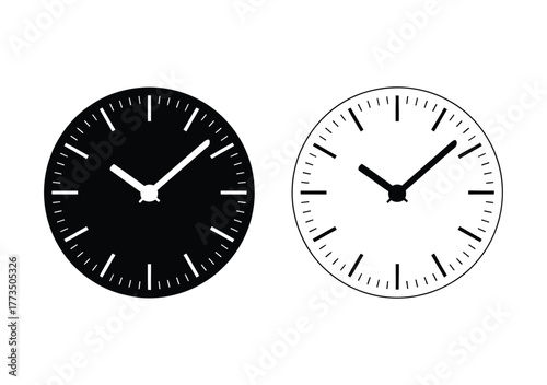 Timeless elegance with classic black and white clock faces indicating minutes and hours, perfect for minimalist designs and time management concepts, creating a sense of urgency and precision