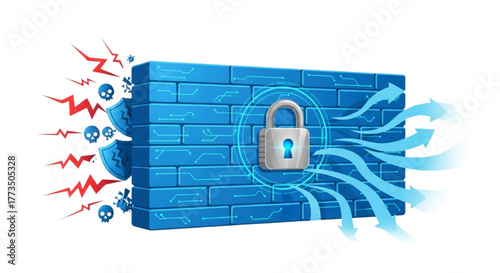 Digital Firewall Concept with Padlock Security Protecting Network from Virus and Cyber Attack