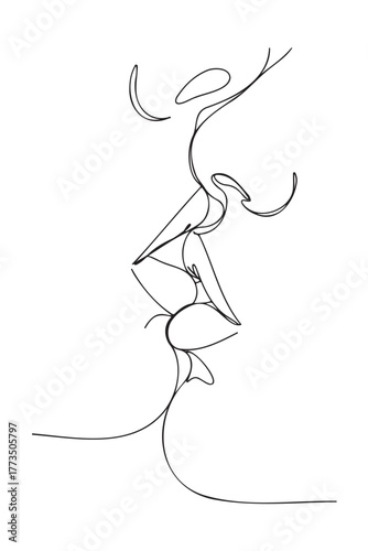 Love Kiss, Lips to lips, single line art of two faces in a passionate french kiss, conveying love and intimacy.
