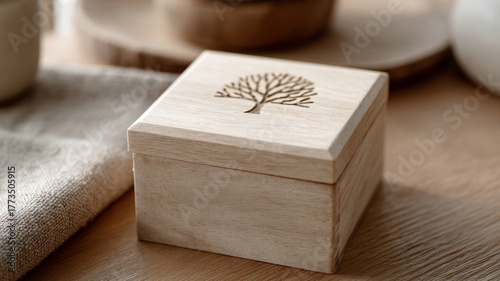 Wooden box with tree engraving on a wooden table.