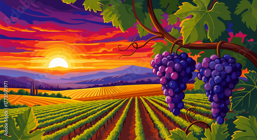 Picturesque vineyard landscape bathed in the warm, vibrant hues of a stunning sunset, featuring lush grapevines with plump purple clusters