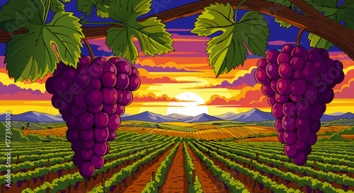 Scenic wine country landscape with rows of grapevines under a colorful sunset sky, a detailed pixel art vector illustration