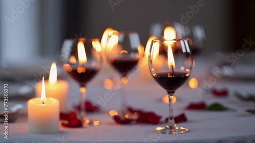 Valentine’s Day Mood with Candles and Wine Glasses Creating a Cozy Romantic Atmosphere