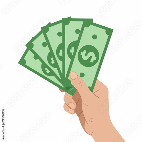 Hand holding a fan of green dollar bills on a white background.