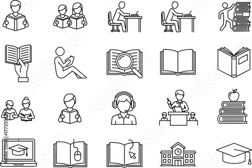 Education and studying icon set, reading and learning symbols, students and books, online learning, school classroom, academic research graphics