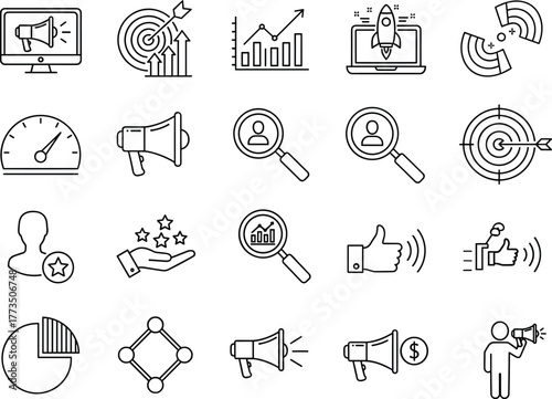 Digital marketing strategy icons set, business growth analytics, SEO target audience, social media advertising, customer engagement, branding and promotion symbols