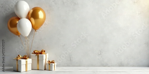 Grunge background, floating white & gold balloons, presents , image, happy birthday