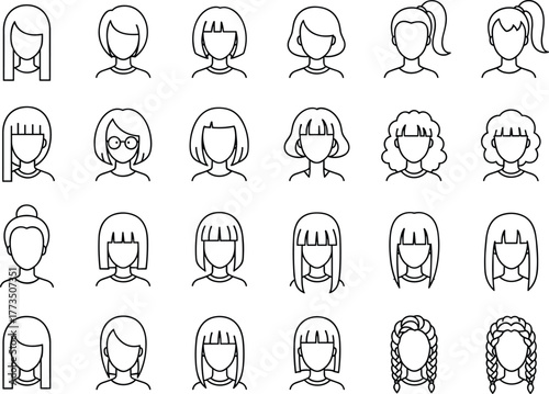 Female hairstyle icon set, woman avatar line art, haircuts, bangs, ponytail, braids, bob cut, curly hair, outline illustrations