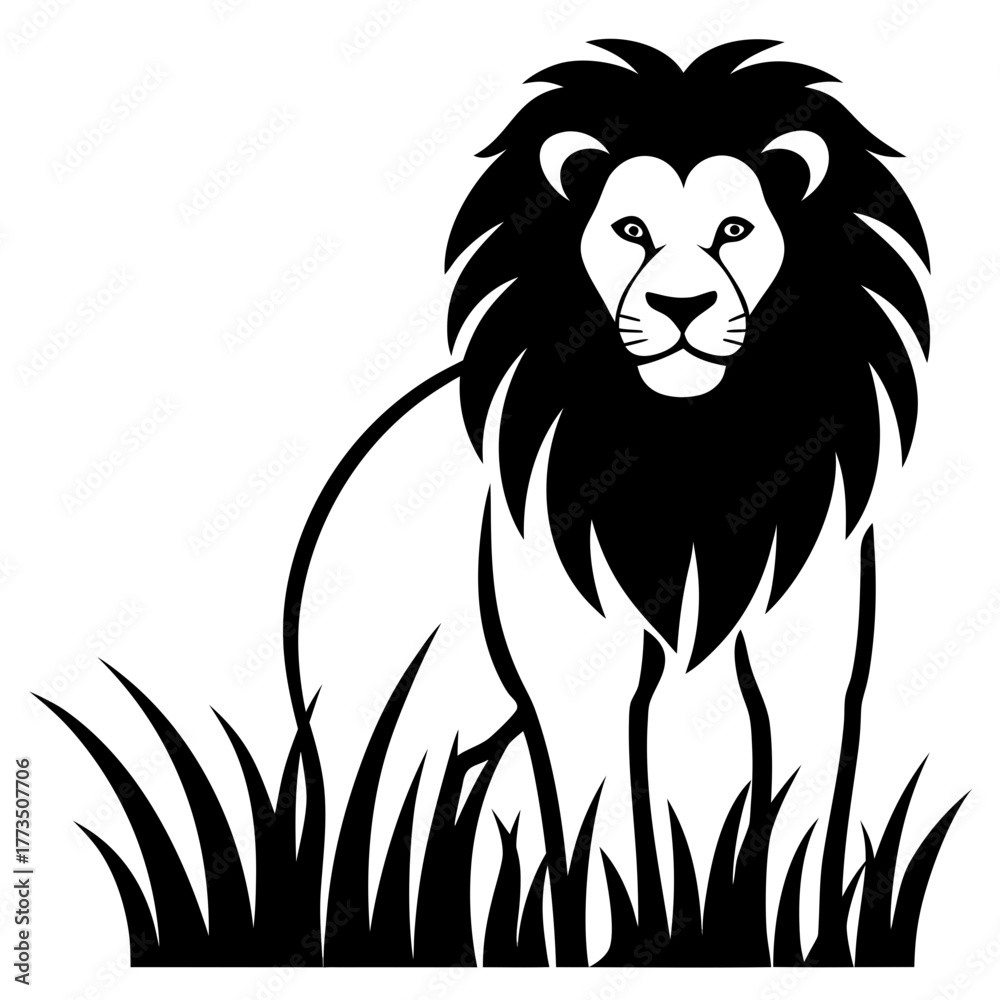 Fototapeta premium Lion standing in a field of grass on transparent background