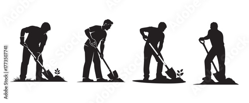 Gardening silhouette collection four men digging and planting in the soil with shovels