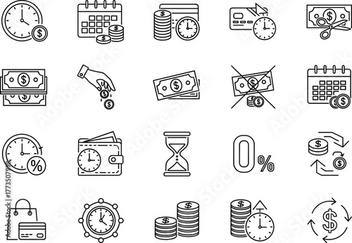 Financial time management icon set, money planning symbols, investment and savings strategy, budget control, time value, banking, currency, payment, economy