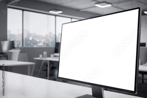 modern computer monitor with a white screen stands on a table in an office setting