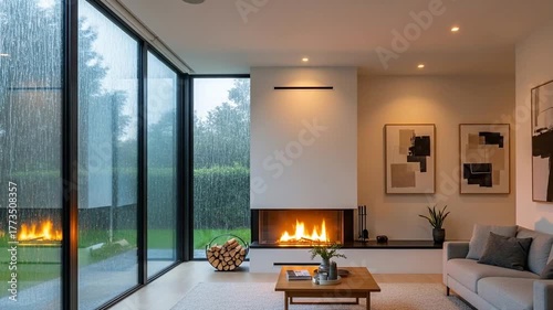 Cozy modern living room ambiance with fireplace and rain window video loop