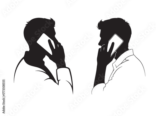 Two silhouettes men talking on their mobile phones, facing each other