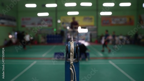 Badminton net straps attached to poles with badminton court in blur background