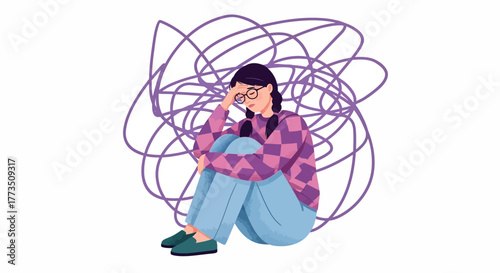 Illustration of a stressed young woman sitting on the floor with her head in her hand surrounded by chaotic purple scribbles