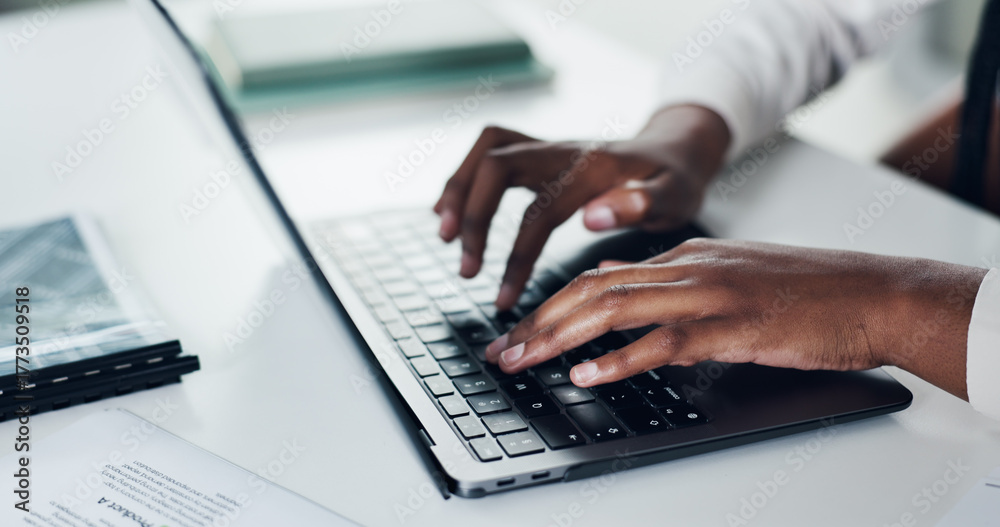 Fototapeta premium Typing, documents and hands of person on laptop for planning, checklist and online report. Review, business woman and technology for research with paperwork, proposal or schedule for networking