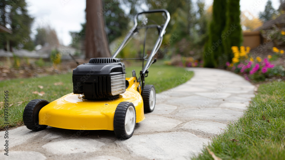 Fototapeta premium Yellow lawn mower on a garden path near grass and plants.