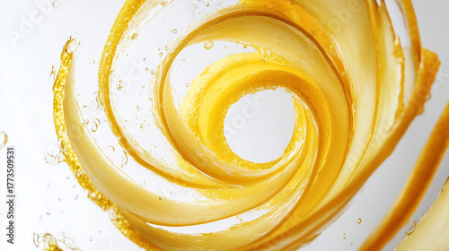 dynamic formation of lemon slices swirling gracefully against a bright white backdrop. The crisp yellows of the lemons contrast beautifully with the simplicity of the background