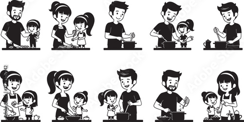 Cartoon family cooking, parent and child, kitchen activity, food preparation, bonding moment, black and white vector, culinary teamwork, isolated illustration, home chef