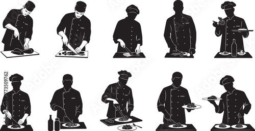 Chef silhouettes cooking, chopping, garnishing, serving food, black vector illustration, kitchen activity, culinary poses, restaurant scene, isolated on white background, gourmet art