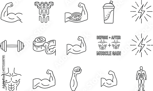 Muscle and bodybuilding icons, fitness strength symbols, flex arm, gym workout, protein shake, muscle growth, male physique, energy icons