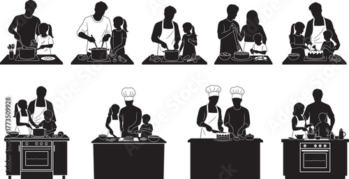 Family cooking silhouettes, parents and children, kitchen activity, culinary teamwork, black vector illustration, food preparation, bonding moment, isolated on white background, home chef
